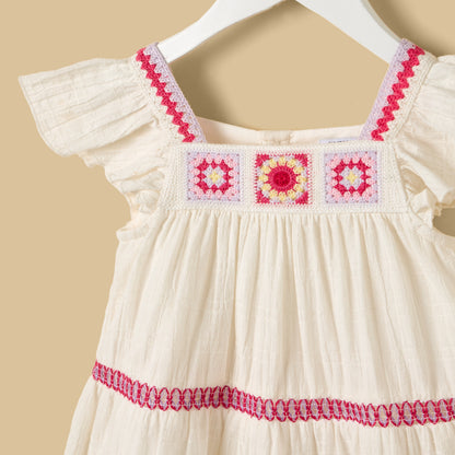 Crochet Yoke Tiered Double Gauze Dress