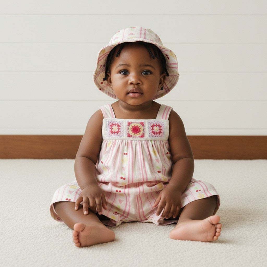Crochet Design Romper with Cap - Pink / 12-18 mths