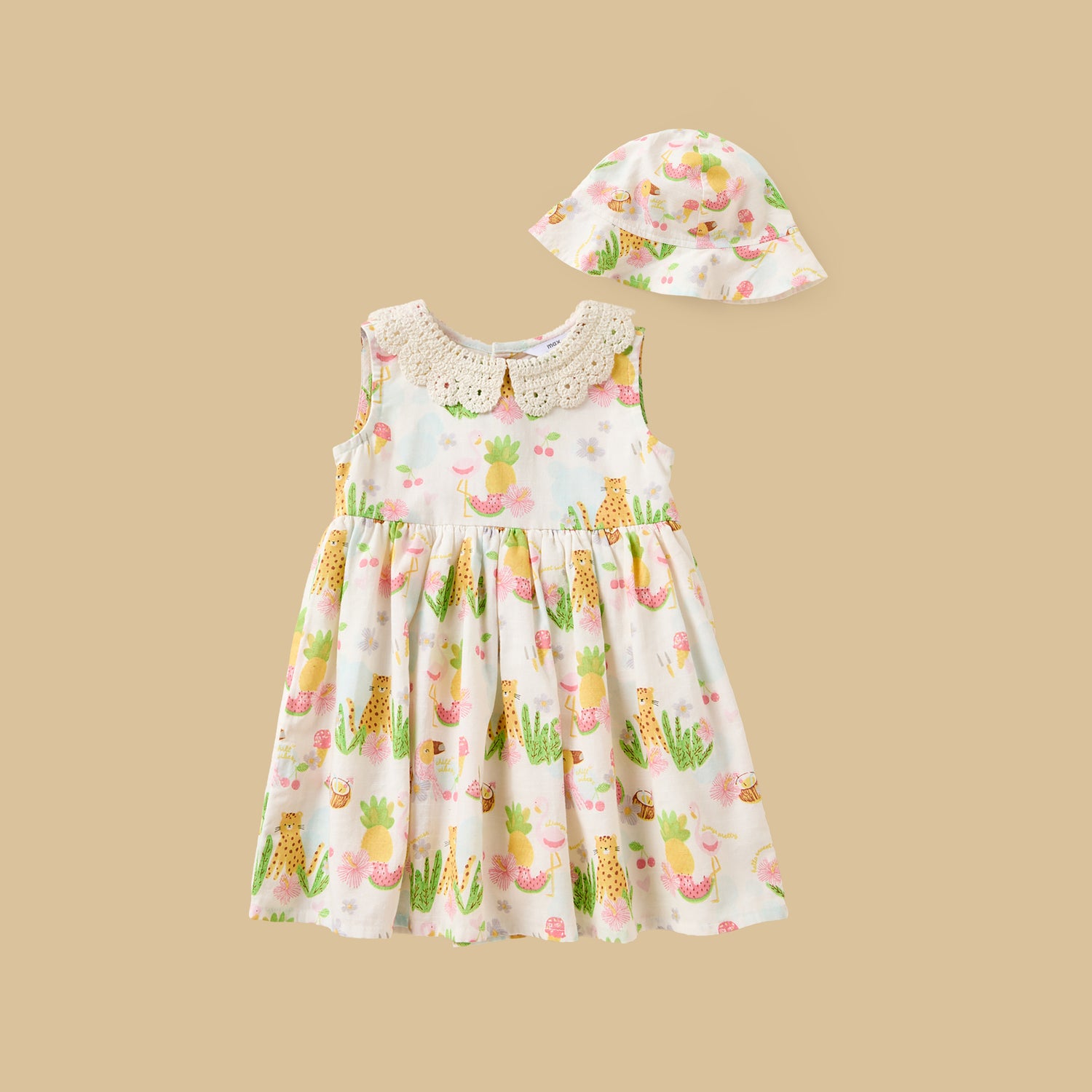 Leopard Print Sleeveless Dress with Cap and Bloomers - White / 12-18 mths