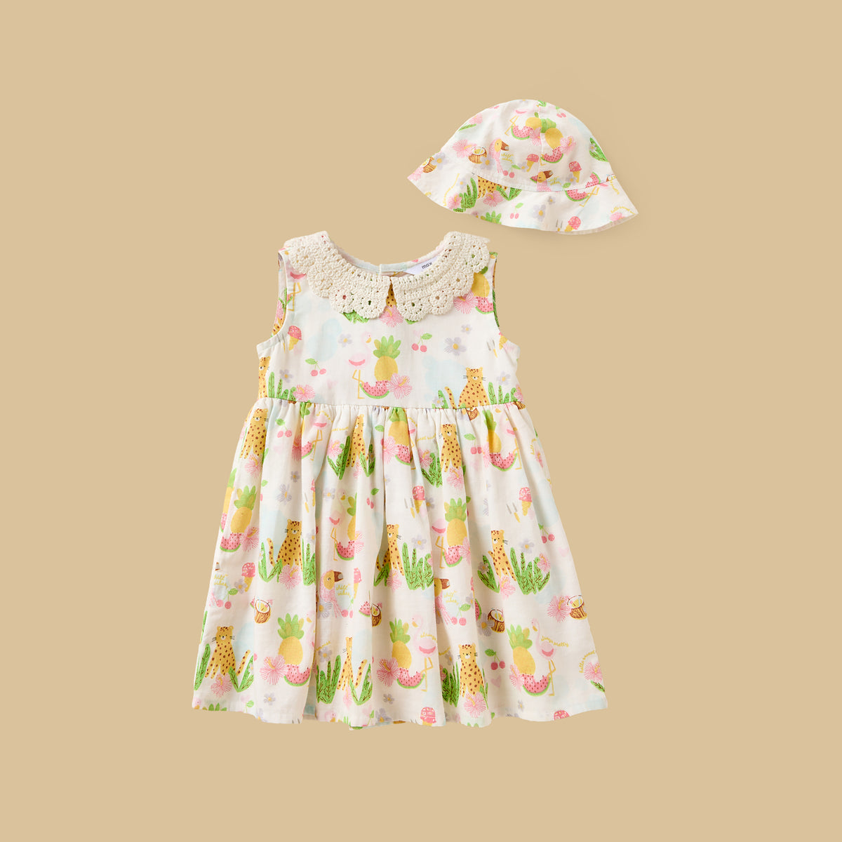 Leopard Print Sleeveless Dress with Cap and Bloomers - White / 12-18 mths