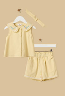 Floral Embroidered Cotton Top with Shorts and Hairband-undefined-image-1
