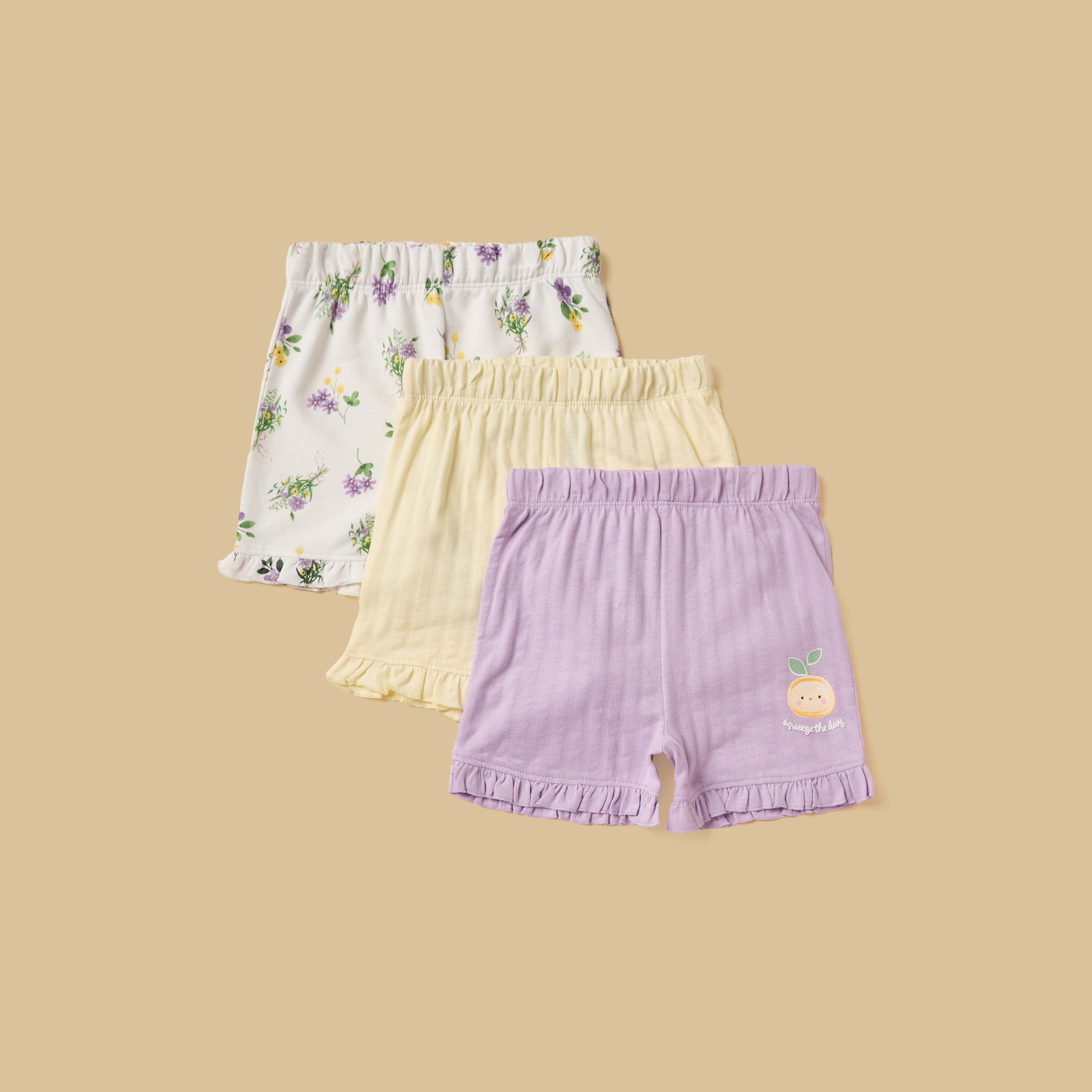 Pack of 3 - Assorted Shorts with Ruffle Hem - Purple