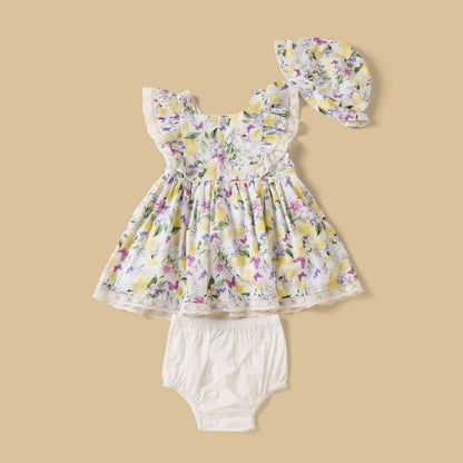 Lemon Print Sleeveless Dress with Bloomers and Cap