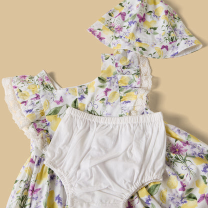 Lemon Print Sleeveless Dress with Bloomers and Cap