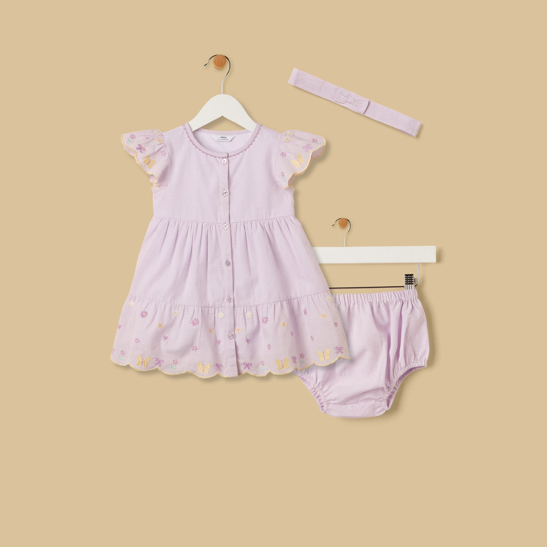 Gingham Check Cotton Dress with Bloomers and Headband