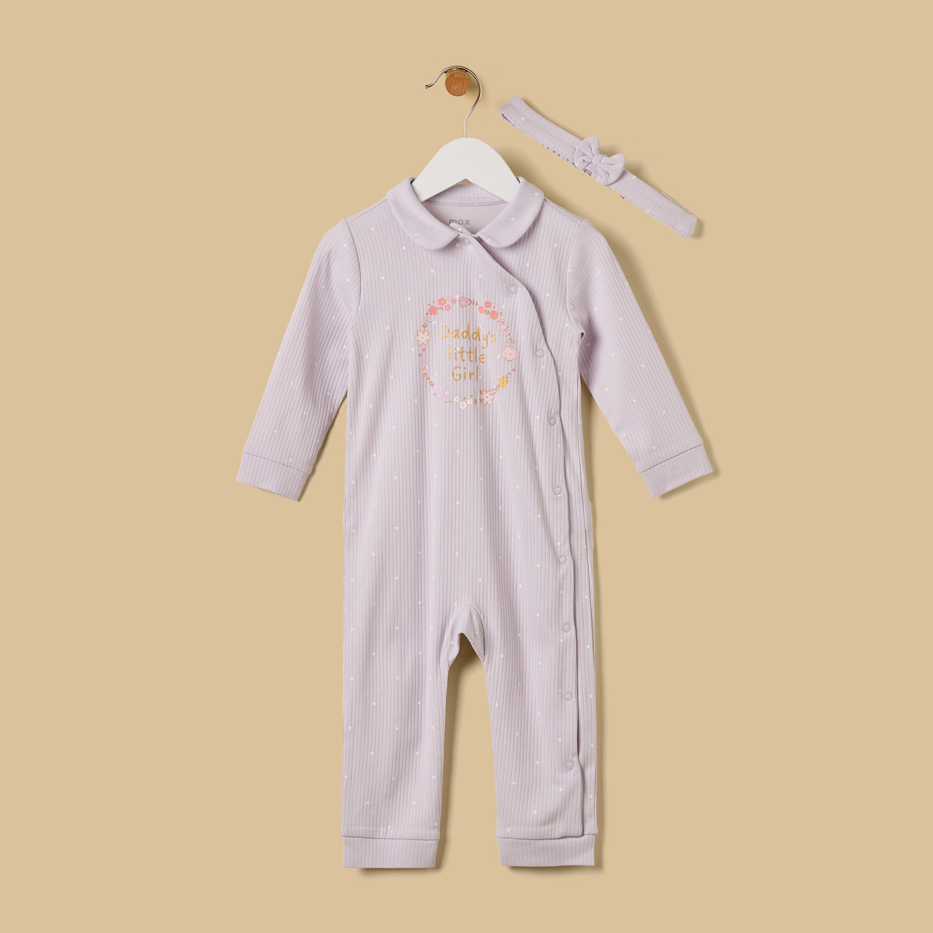 Printed Sleepsuit with Hairband - Purple / 12-18 mths
