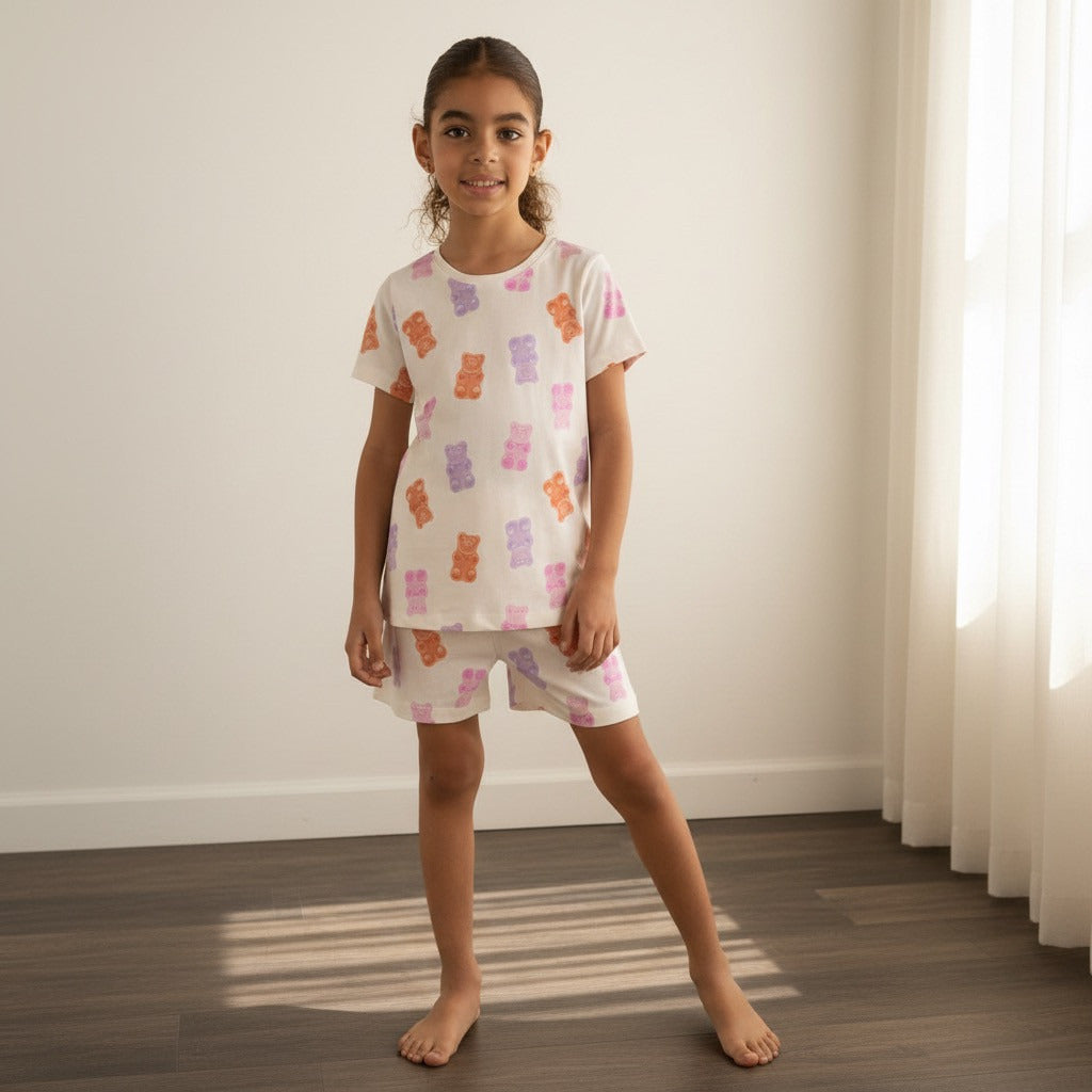 Gummy Bear Print Cotton Shorts Set - White / 2-3 yrs