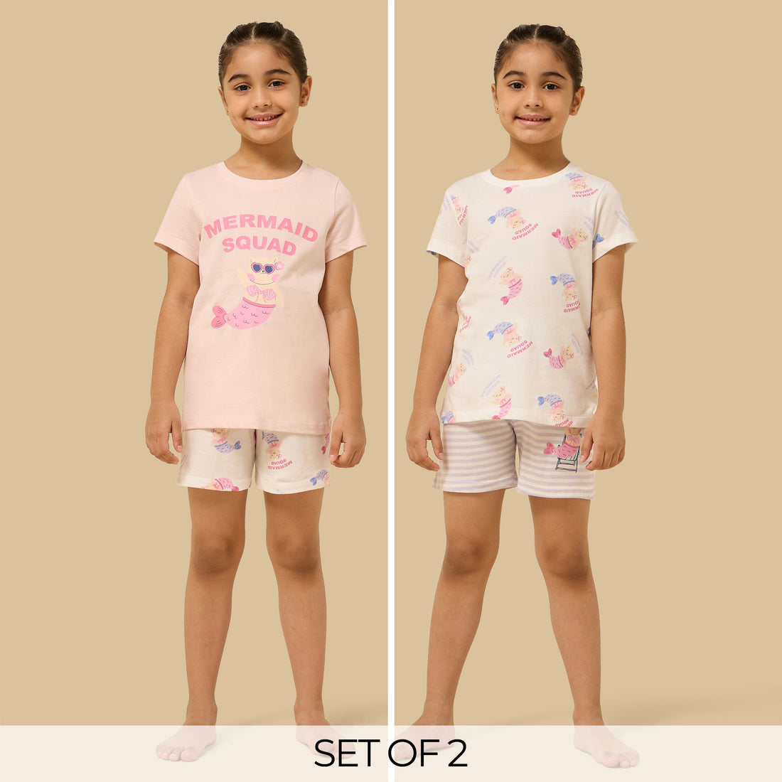 Pack of 2 - Mermaid Print Cotton Shorts Set - Pink / 2-3 yrs