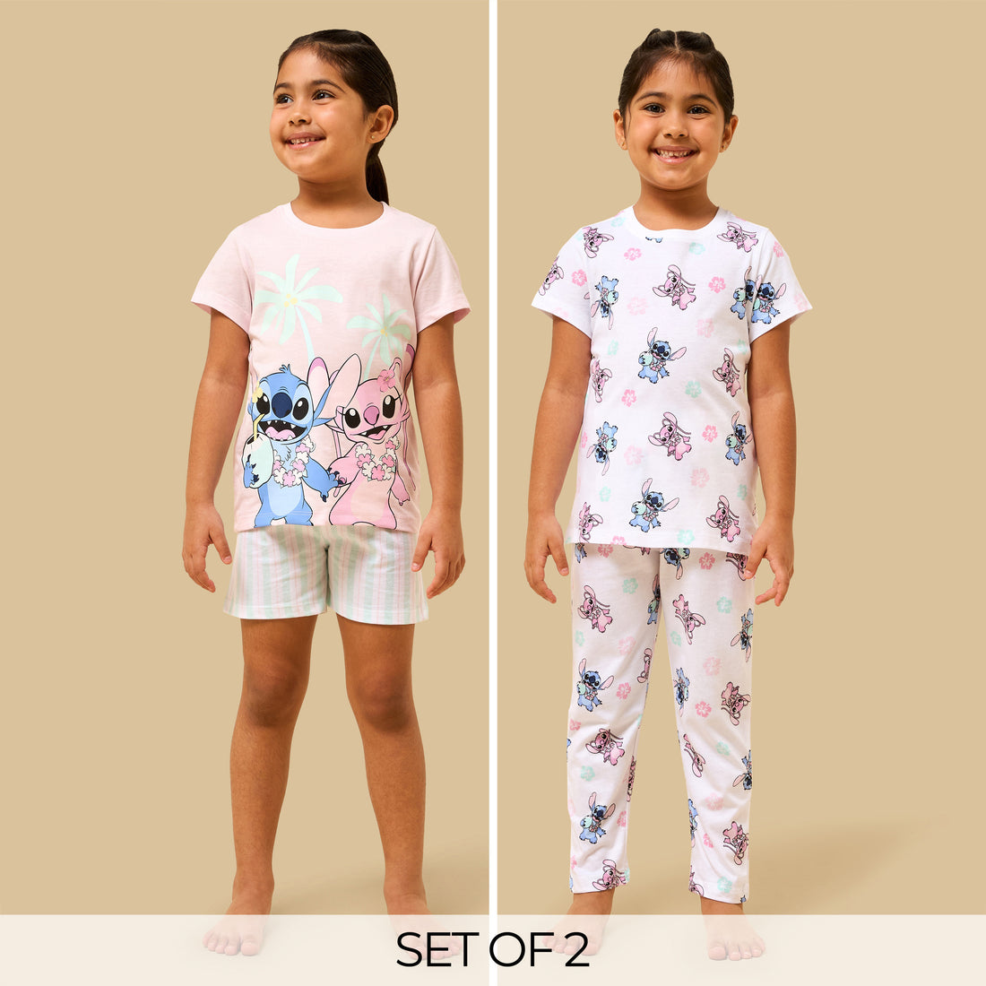 Pack of 2 - Stitch and Angel Print Cotton Pyjama Set - Multicolour / 2-3 yrs
