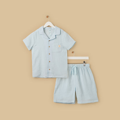 Textured Double Gauze Cotton Shorts Set - Blue / 13-14 yrs
