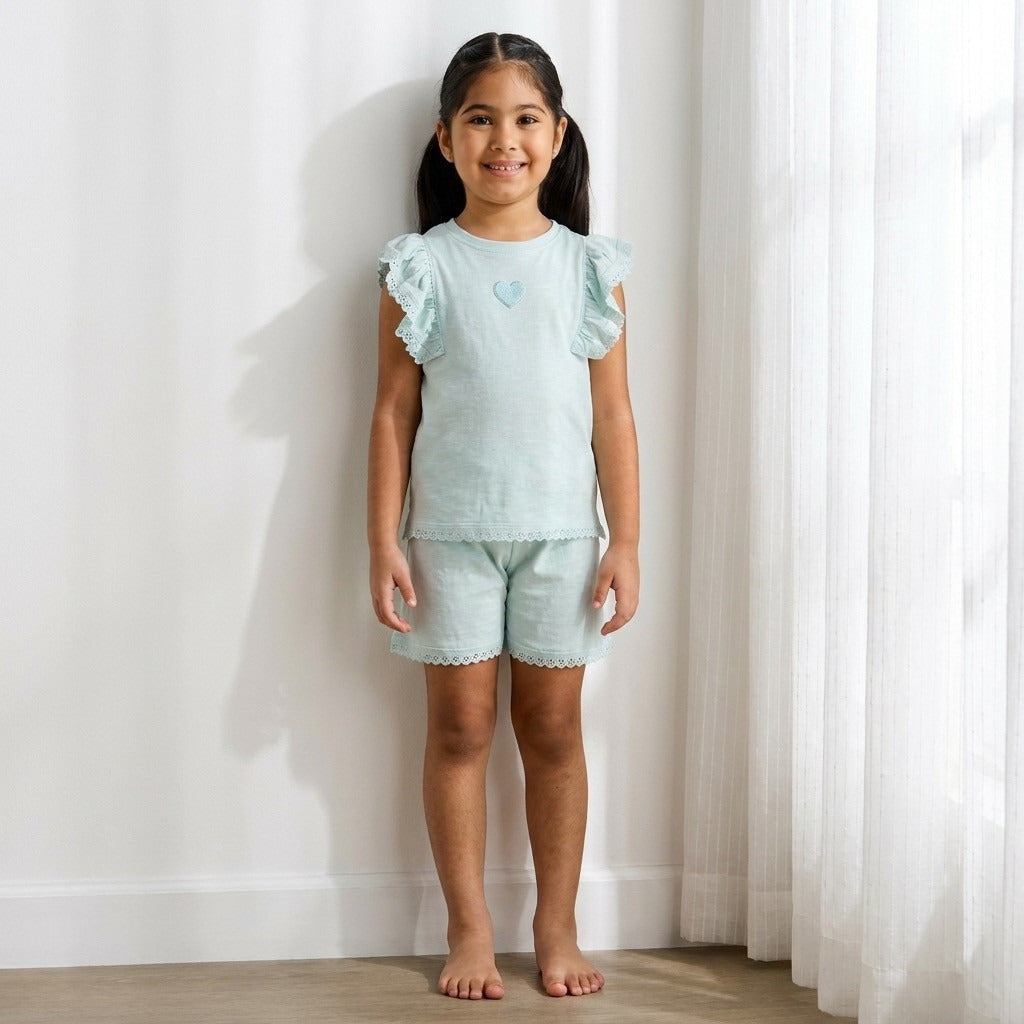 Schiffli Detail Shorts Set - Green / 2-3 yrs