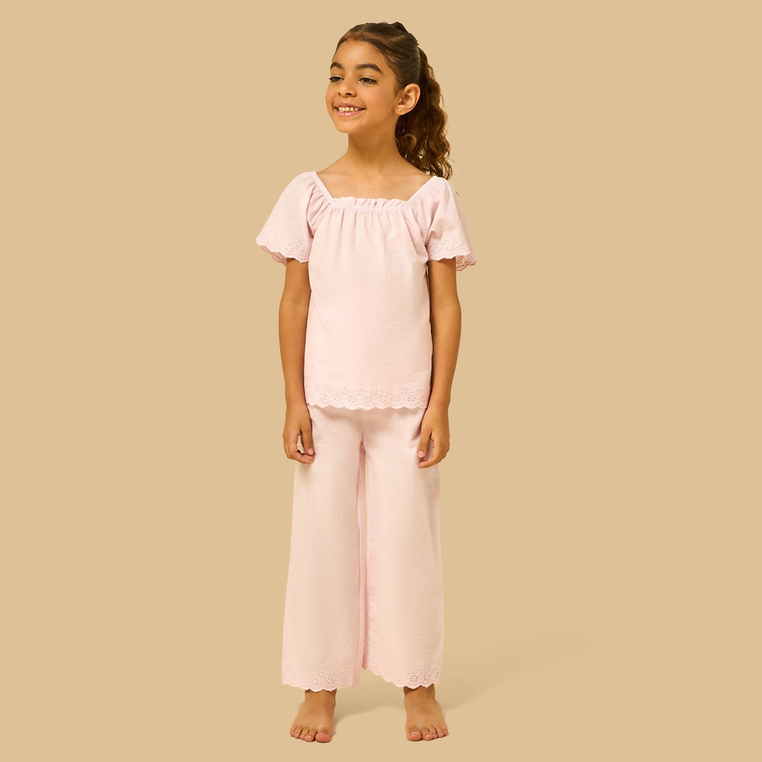 Schiffli Embroidered Pyjama Set - Pink / 2-3 yrs