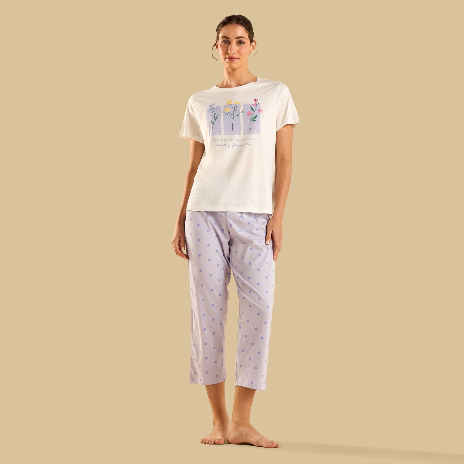 Polka Dot Print Cotton Pyjama Set - White / XXL