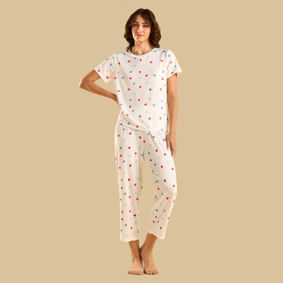 Heart Print Pyjama Set - Cream / XXL