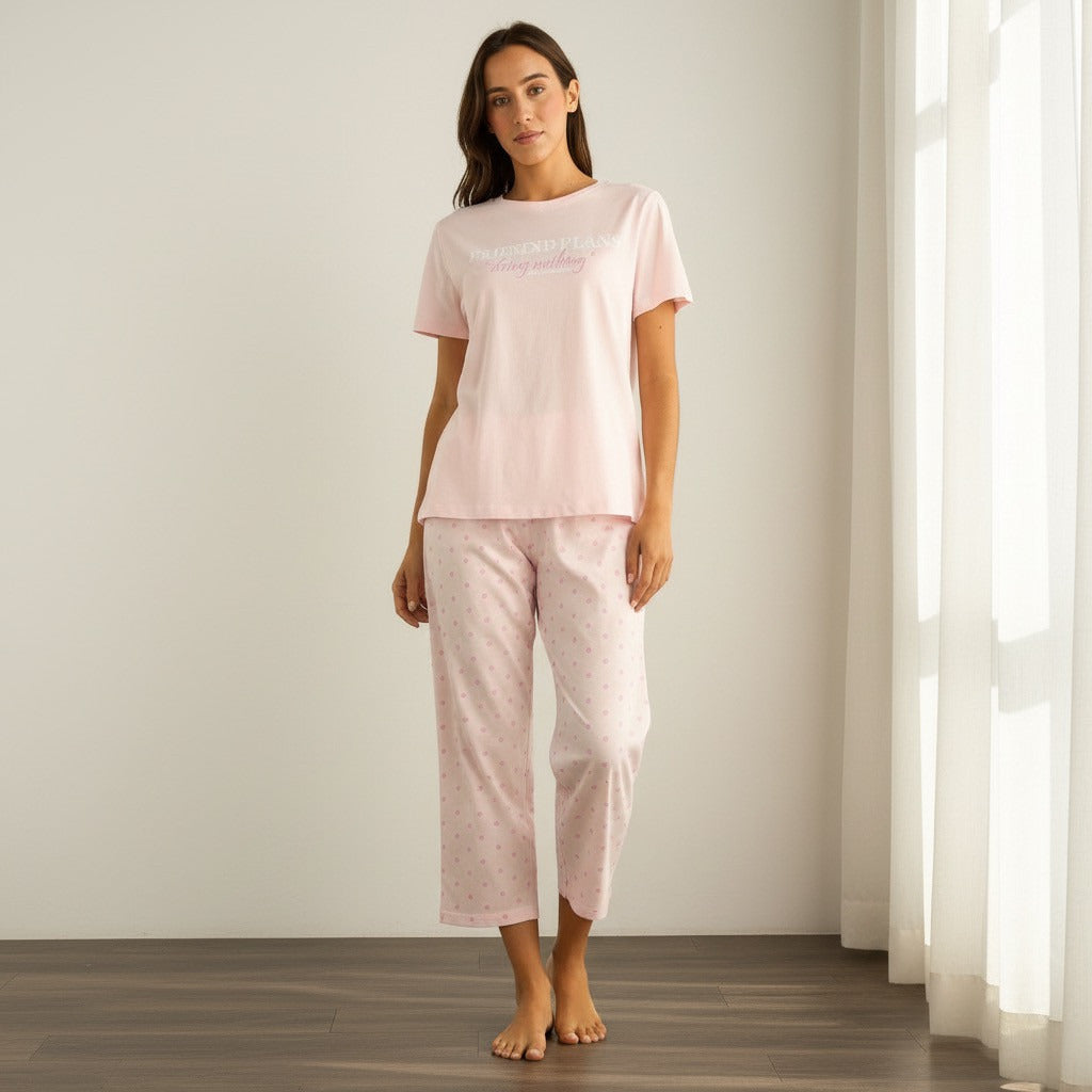 Polka Dot Print Cotton Pyjama Set - Pink / XXL