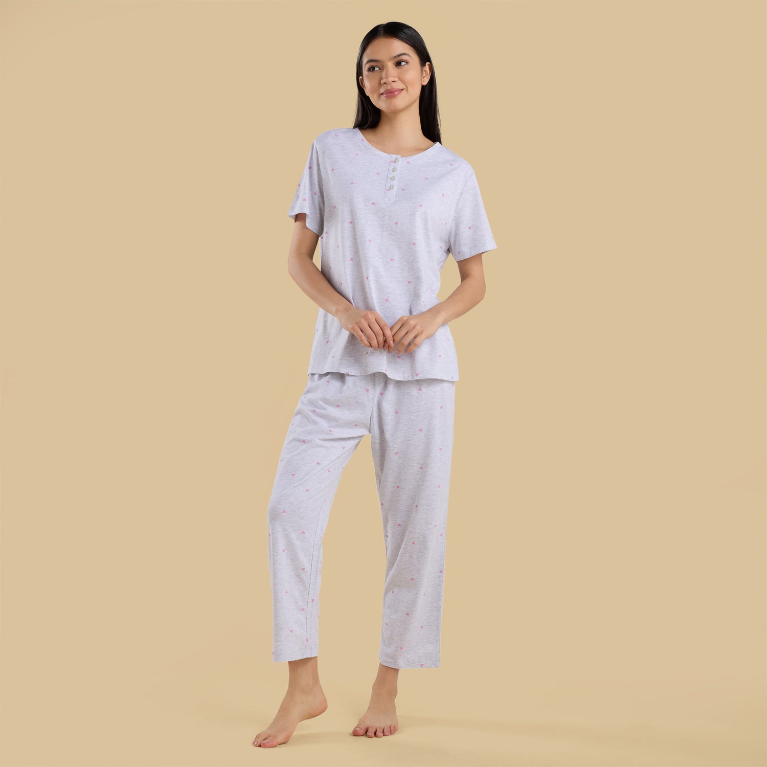 Heart Print Pyjama Set - Grey / XXL