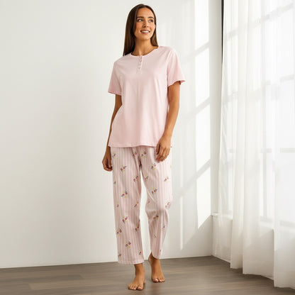 Floral Print Cotton Pyjama Set - Pink / XXL