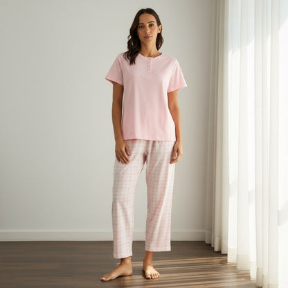 Checked Cotton Pyjama Set - Pink / XXL