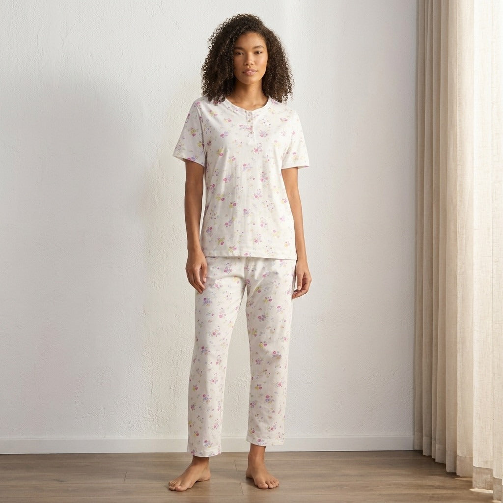 Floral Print Cotton Pyjama Set - White / XXL