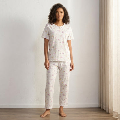 Floral Print Cotton Pyjama Set - White / XXL
