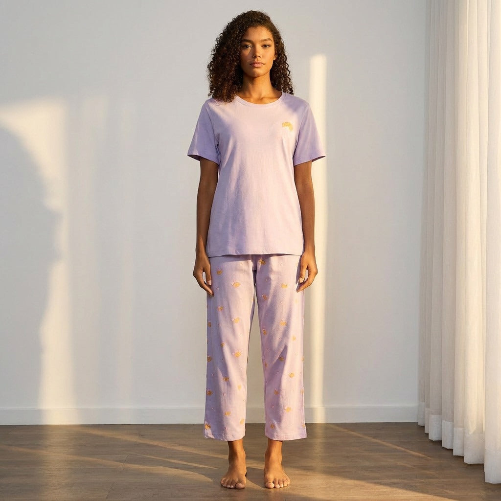 Croissant Print Cotton Pyjama Set - Purple / XXL