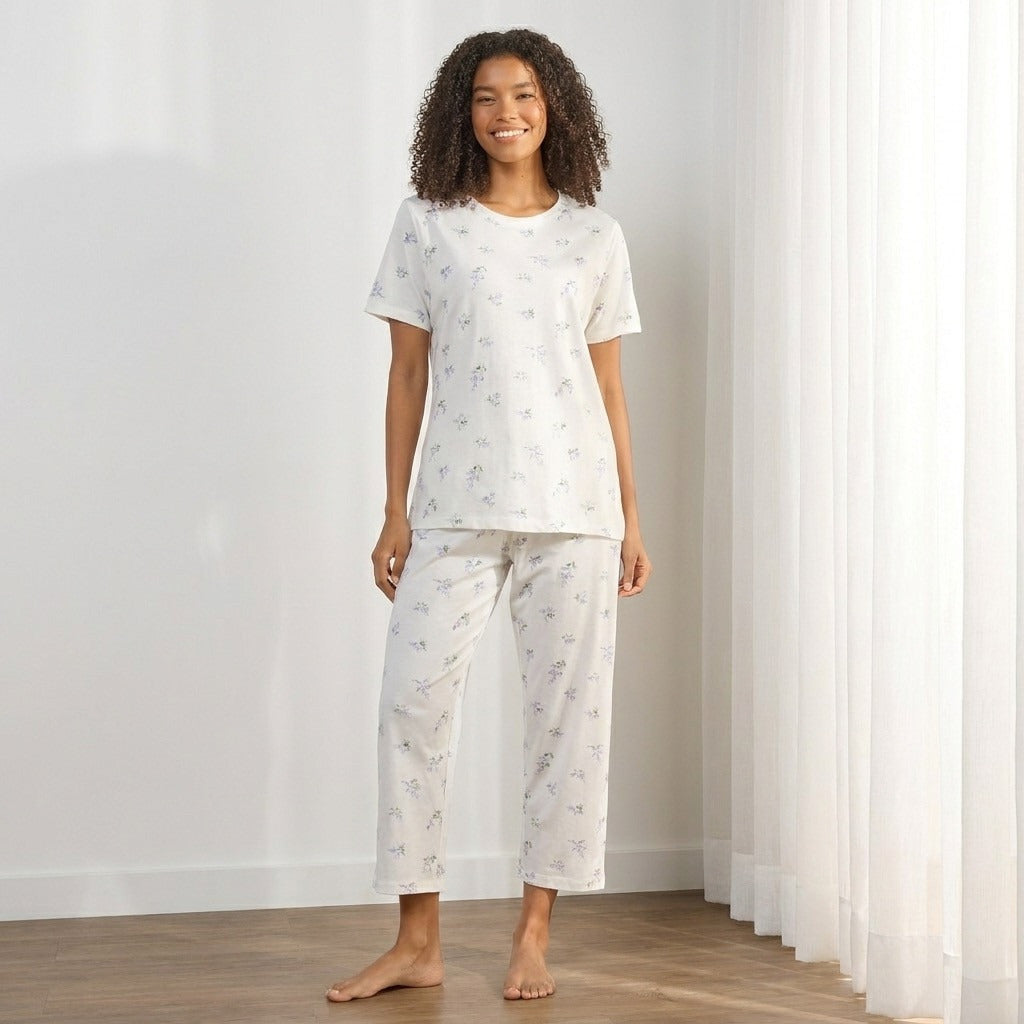 Floral Print Cotton Pyjama Set - White / XXL