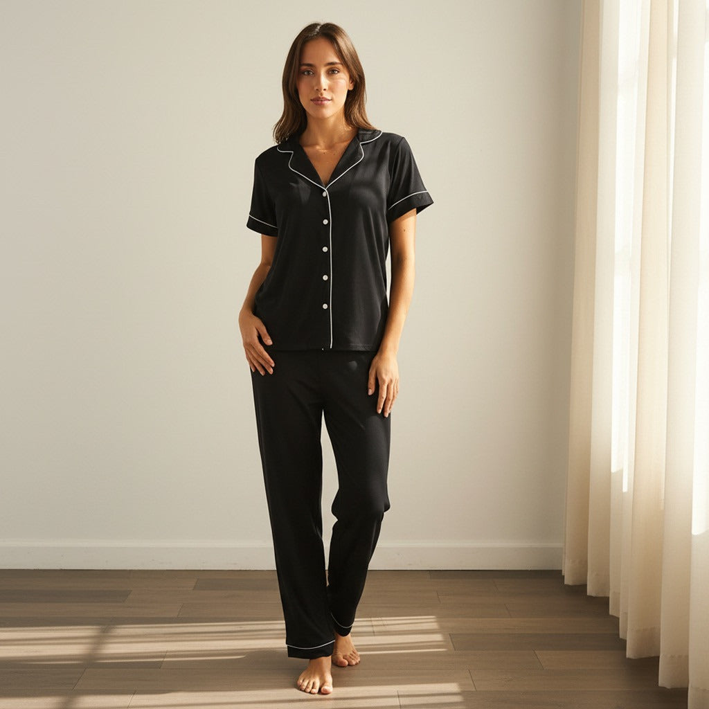 Contrast Piping Pyjama Set - Black / XXL