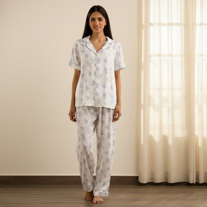 Floral Print Viscose Pyjama Set - Cream / XXL
