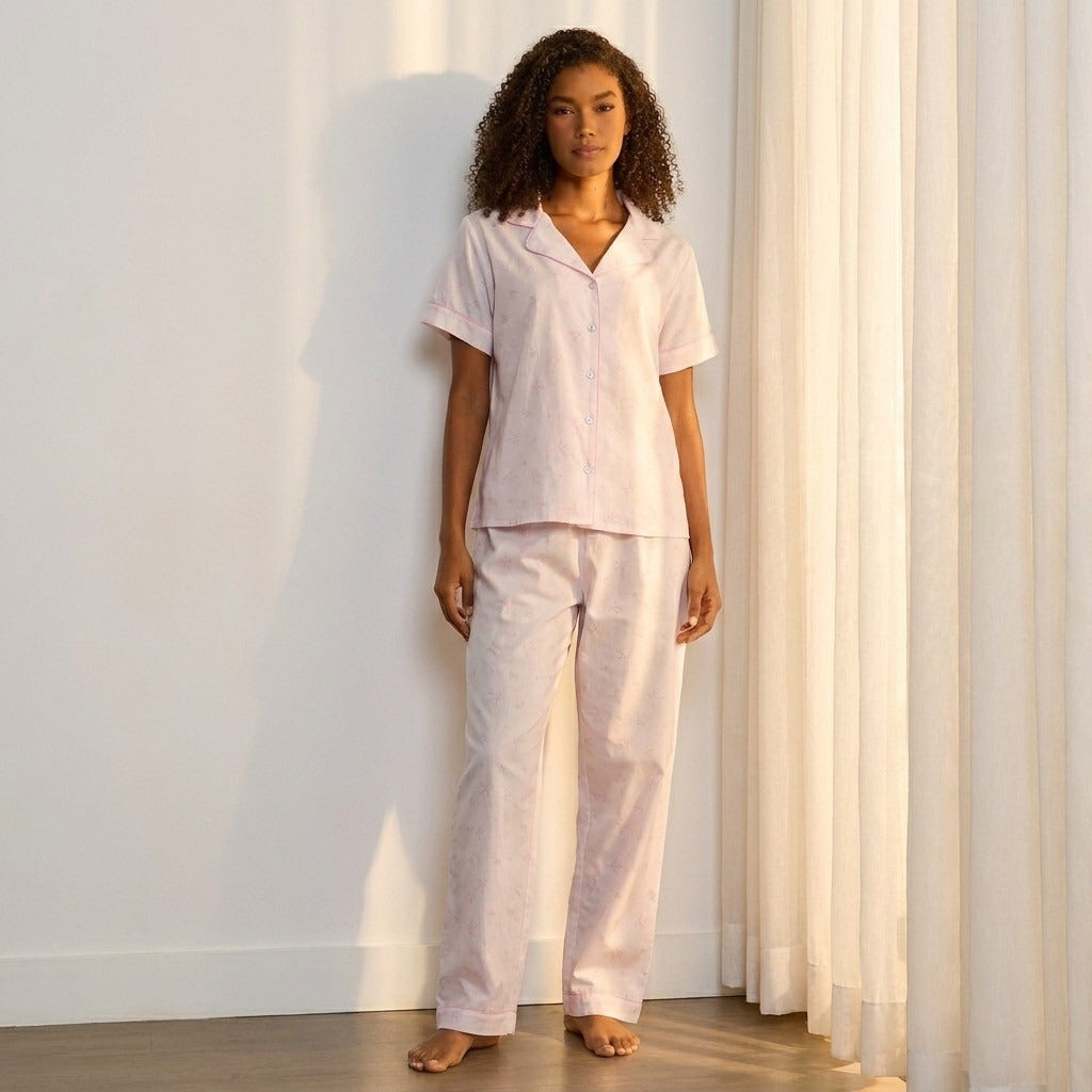 Bow Print Cotton Pyjama Set - Pink / XXL