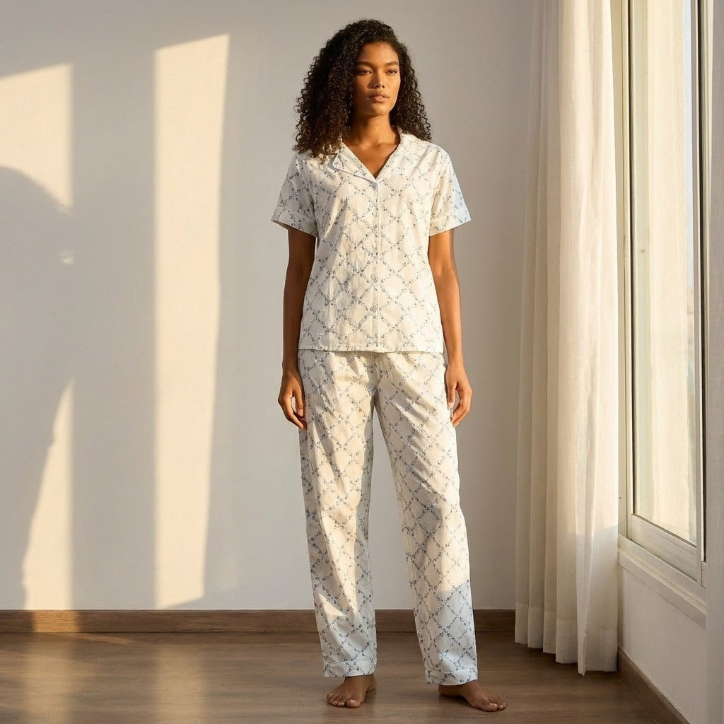 Floral Print Cotton Pyjama Set - White / XXL