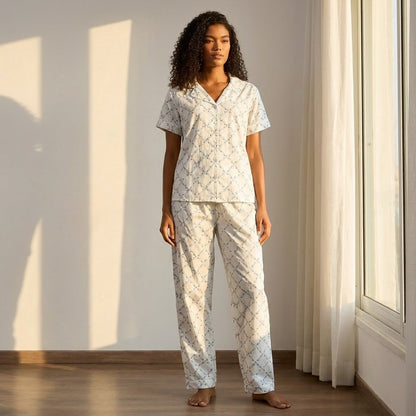 Floral Print Cotton Pyjama Set - White / XXL