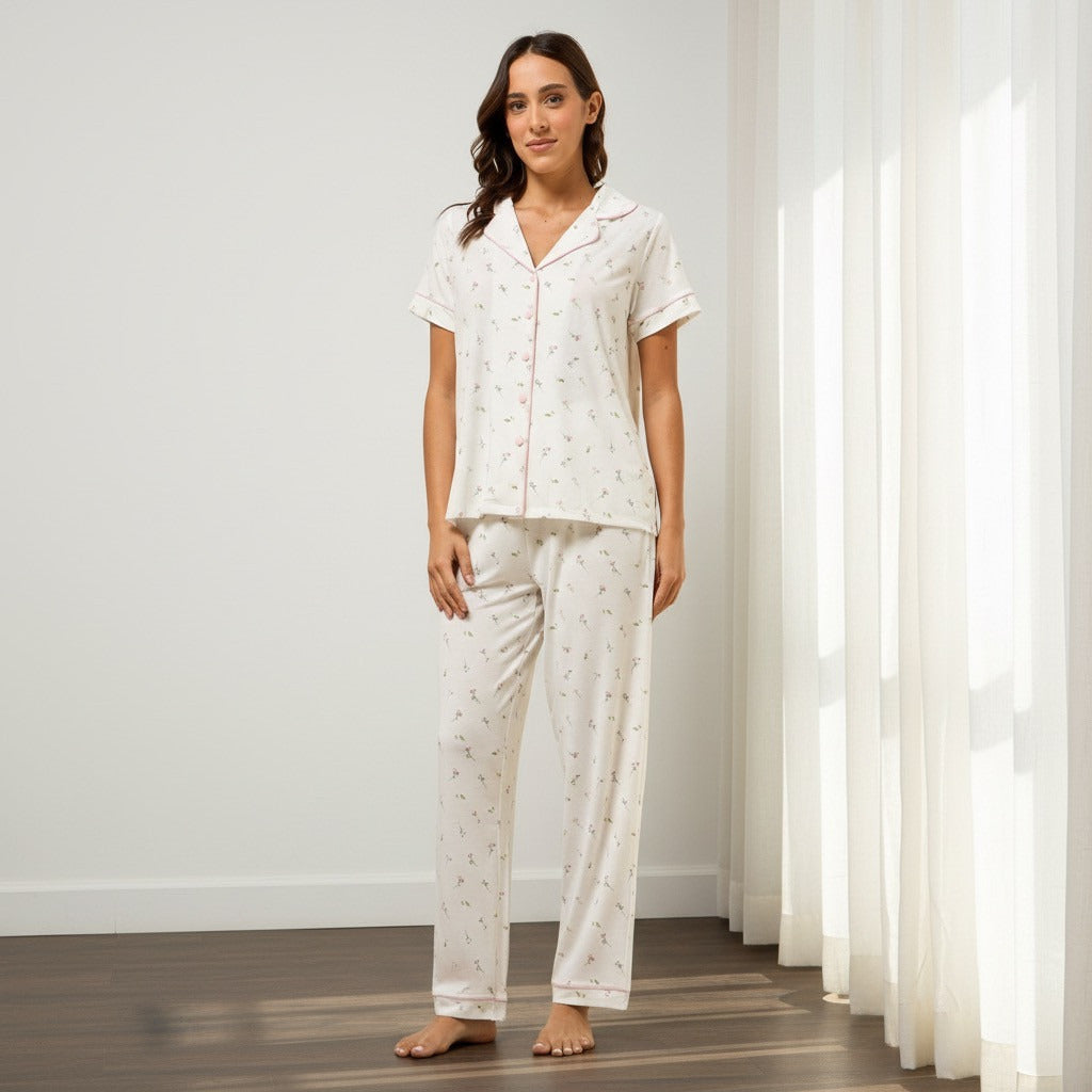 Floral Print Pyjama Set - White / XXL