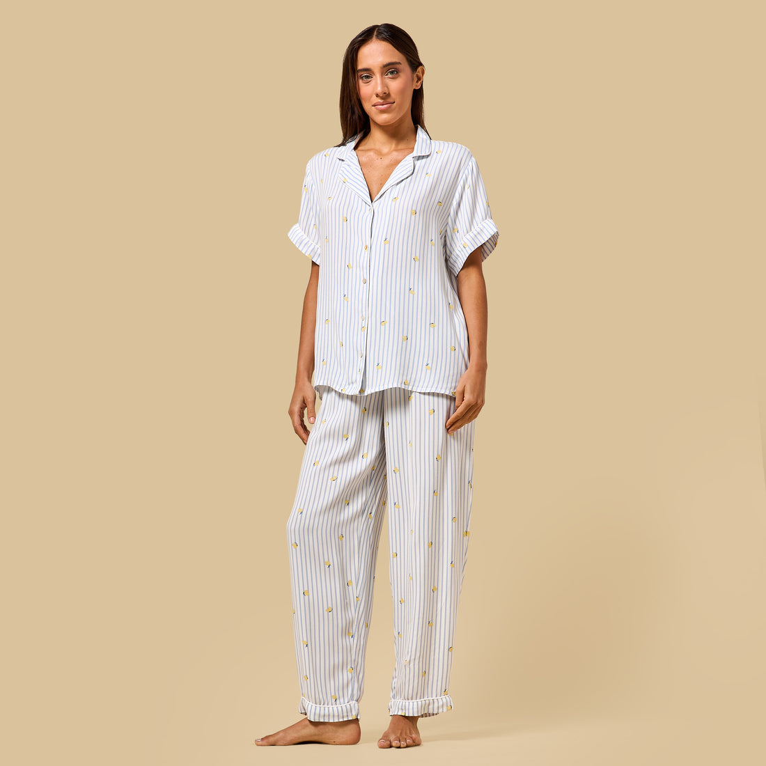 Lemon Print Striped Viscose Pyjama Set - White / XXL