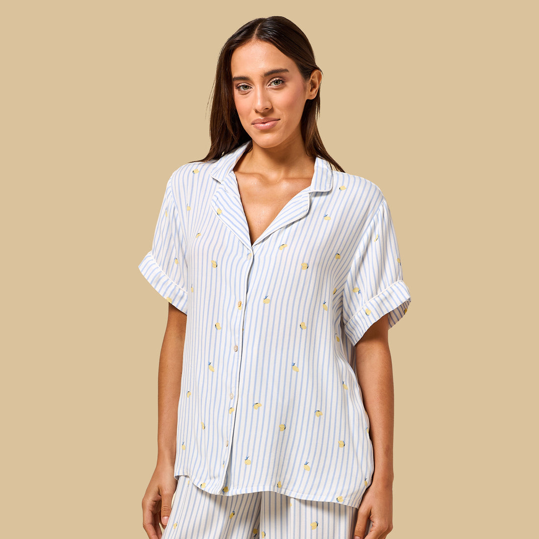 Lemon Print Striped Viscose Pyjama Set