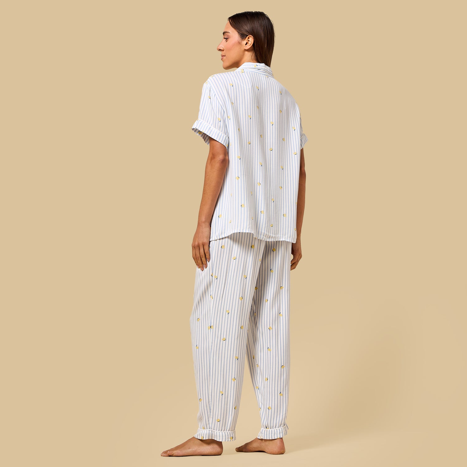 Lemon Print Striped Viscose Pyjama Set