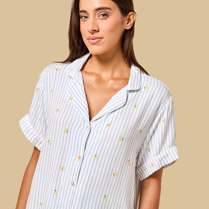 Lemon Print Striped Viscose Pyjama Set