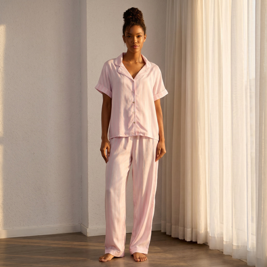 Lurex Striped Viscose Pyjama Set - Pink / XXL