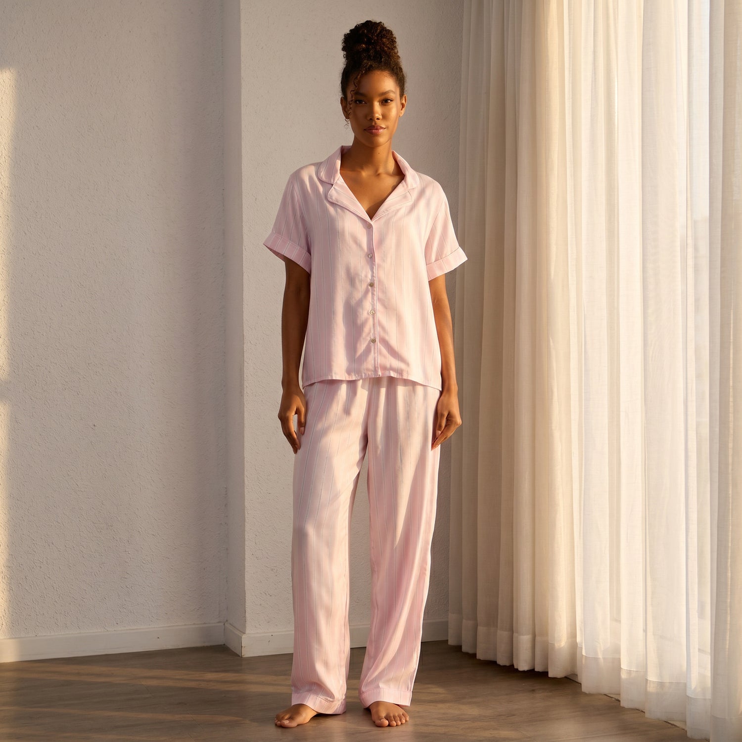 Lurex Striped Viscose Pyjama Set - Pink / XXL