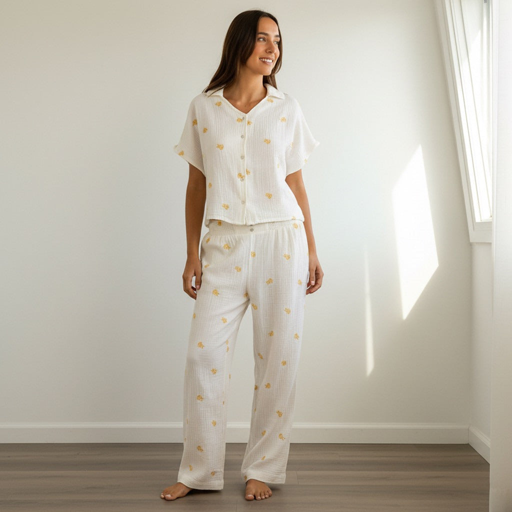 Floral Embroidered Pyjama Set - White / XXL