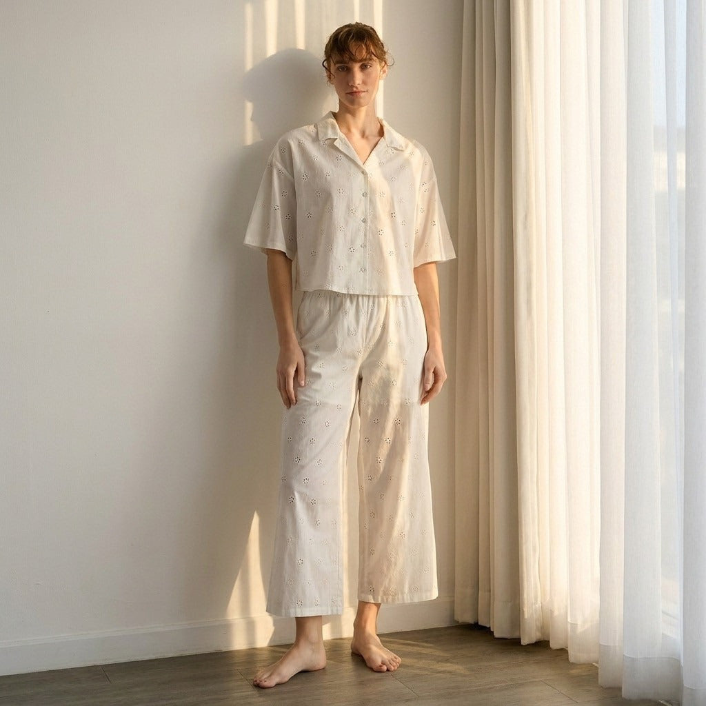 Floral Embroidered Cotton Pyjama Set - White / XXL