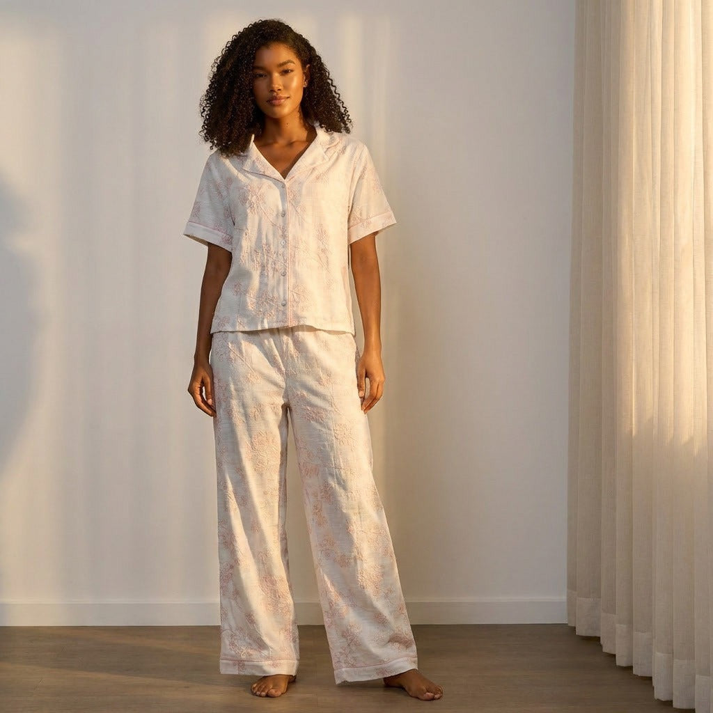 Floral Embroidered Cotton Pyjama Set - White / XXL