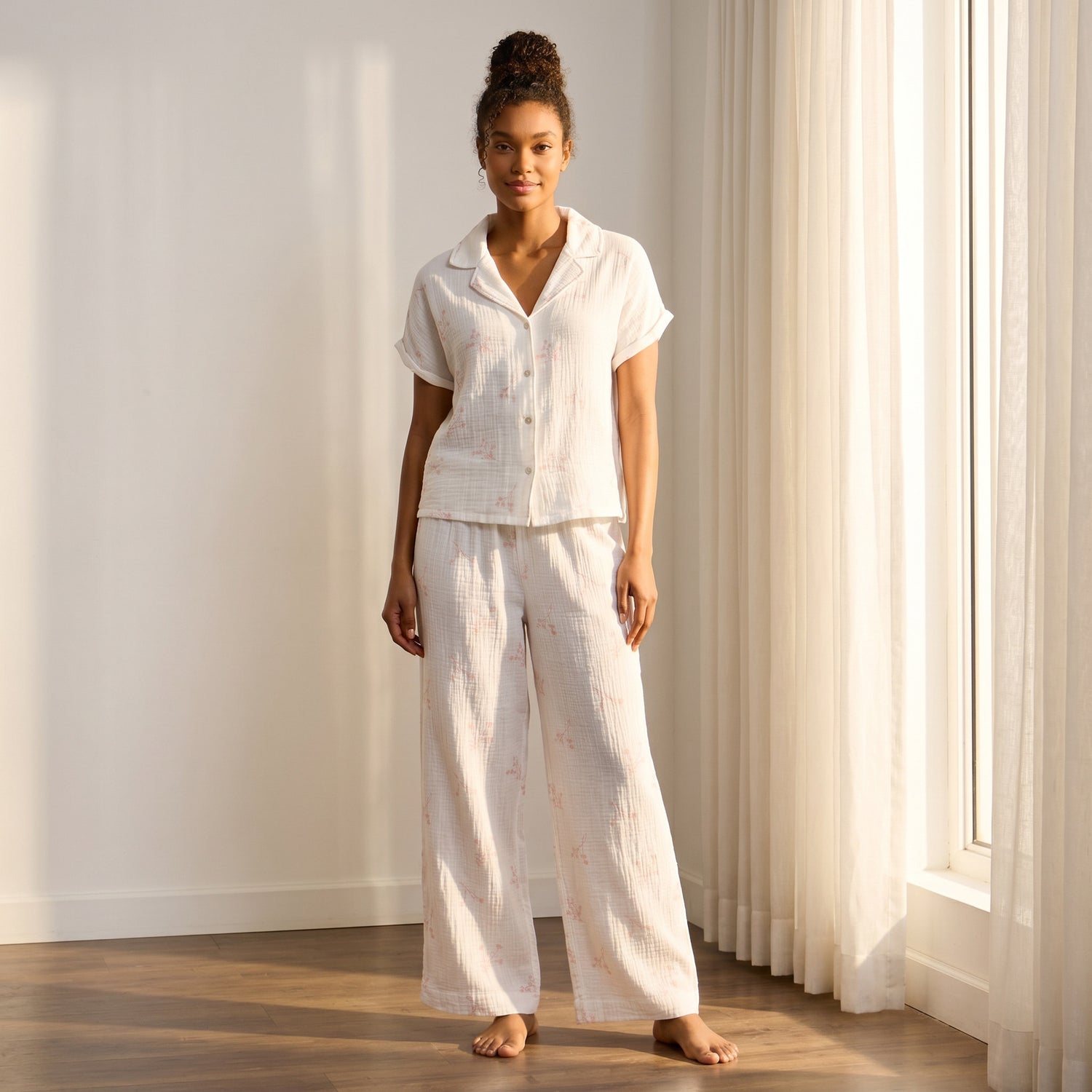 Floral Print Cotton Pyjama Set - White / XXL