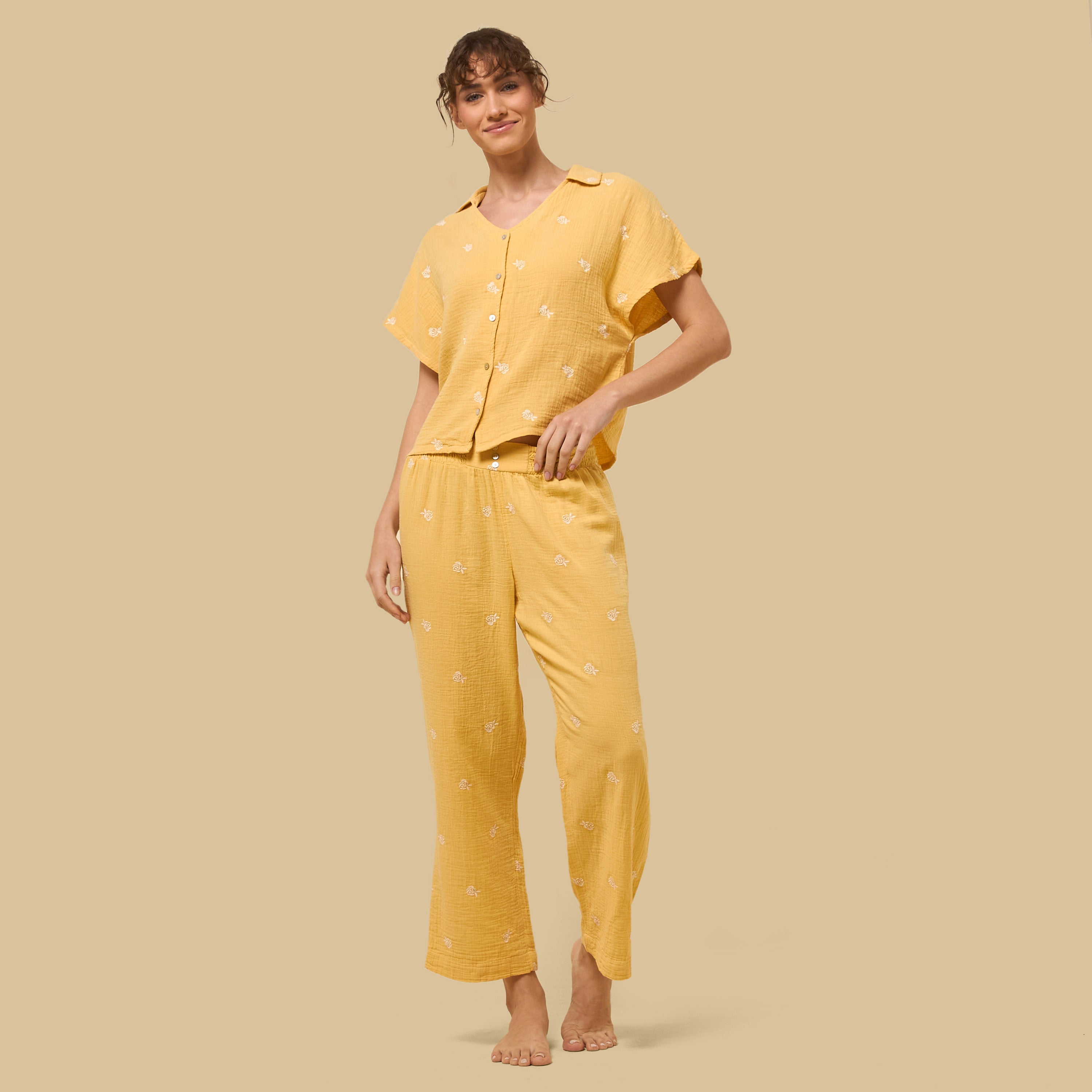 Floral Embroidered Cotton Pyjama Set - Yellow / XXL