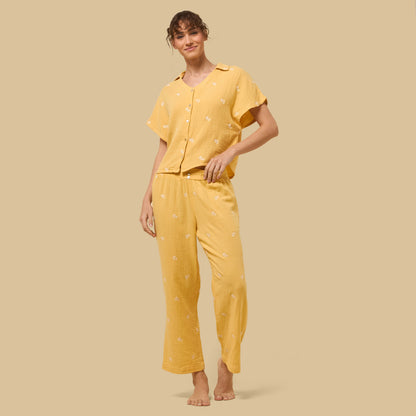 Floral Embroidered Cotton Pyjama Set - Yellow / XXL