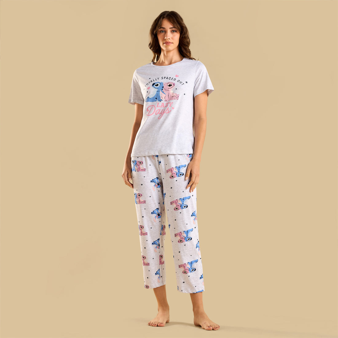 Angel and Stitch Print Pyjama Set - Grey / XXL