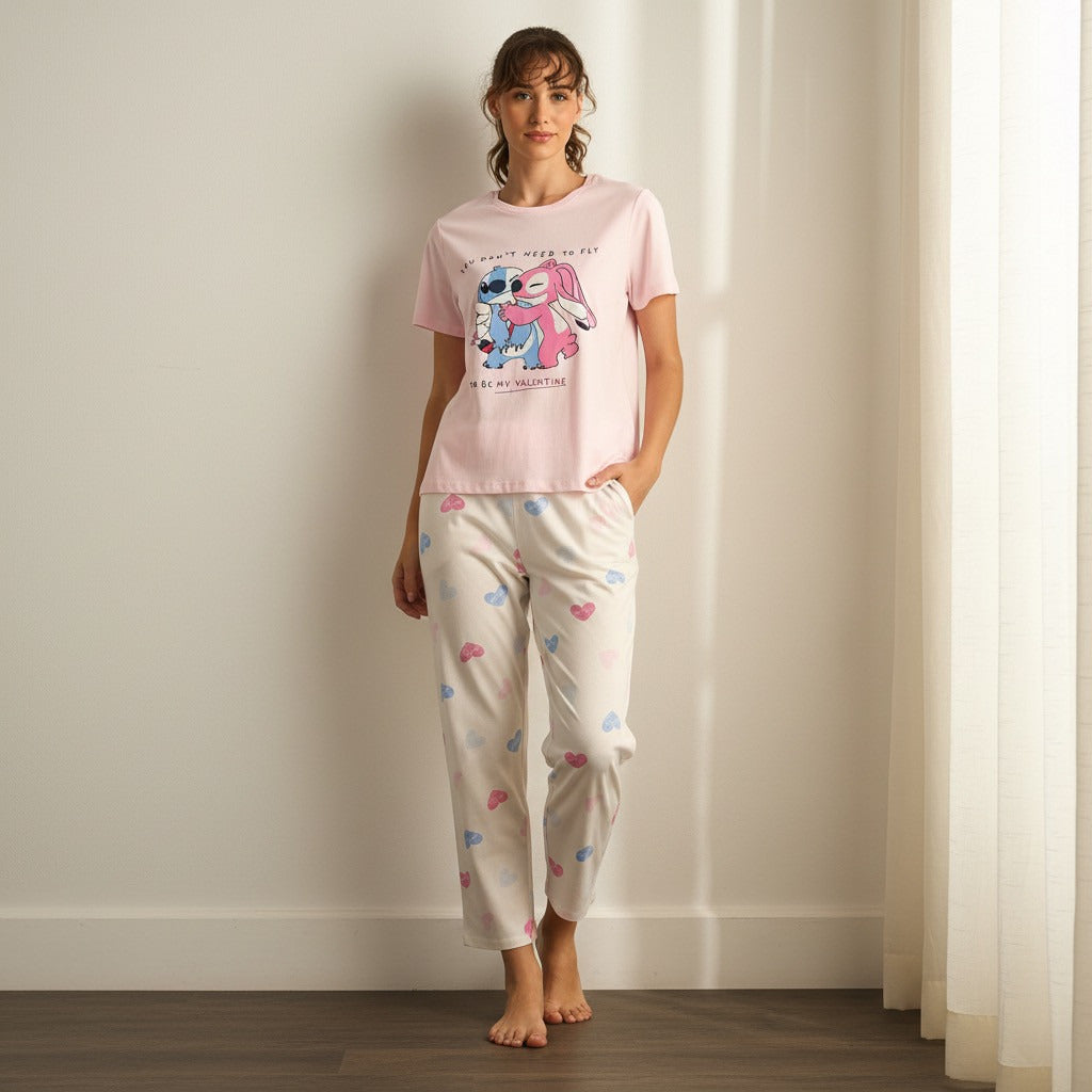Stitch and Angel Print Cotton Pyjama Set - Pink / XXL