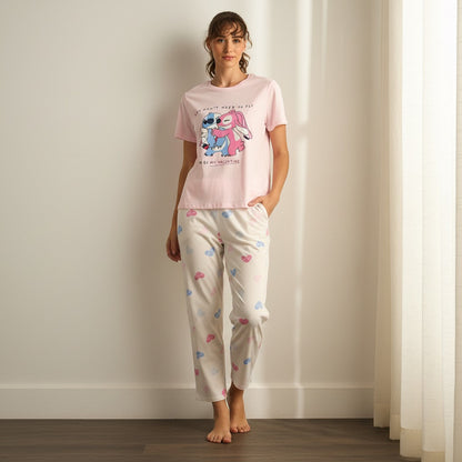 Stitch and Angel Print Cotton Pyjama Set - Pink / XXL