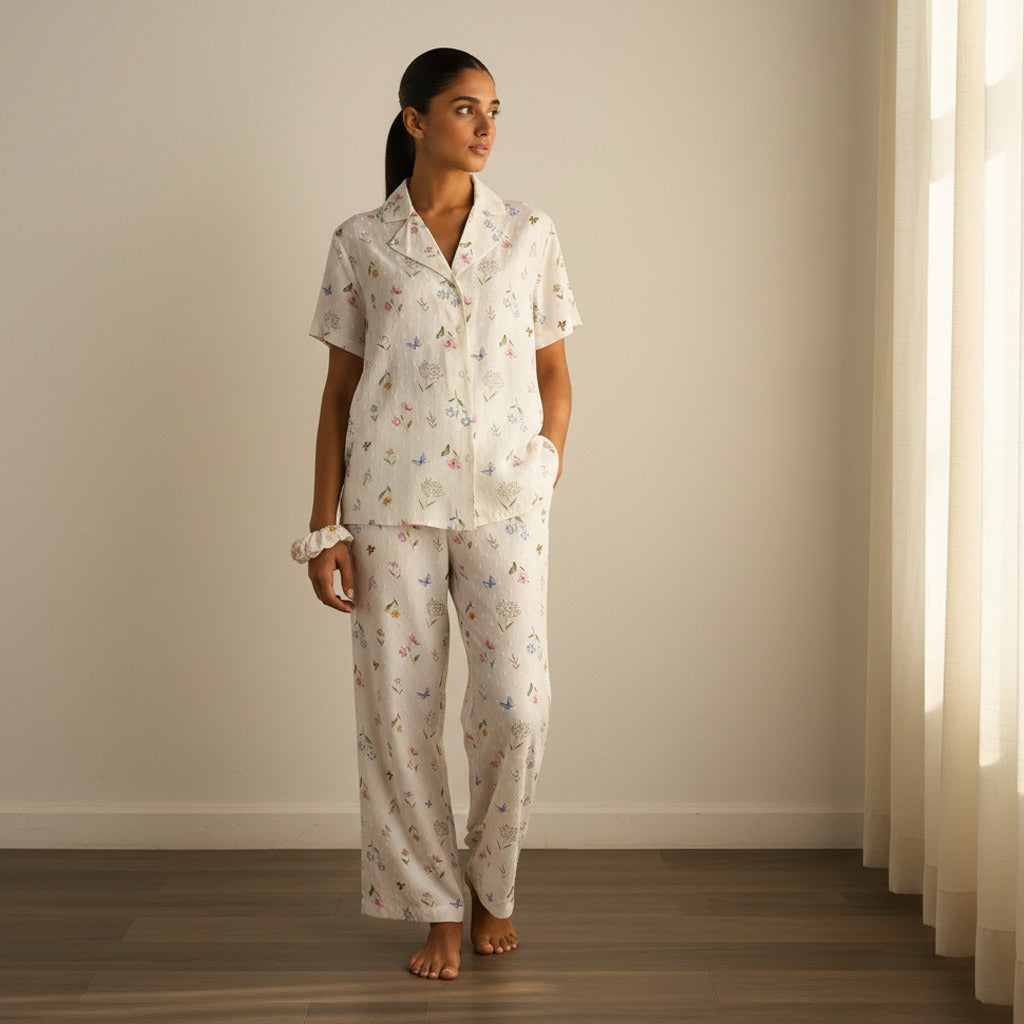 Floral Print Viscose Pyjama Set - Cream / XXL