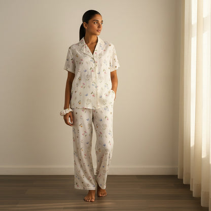 Floral Print Viscose Pyjama Set - Cream / XXL
