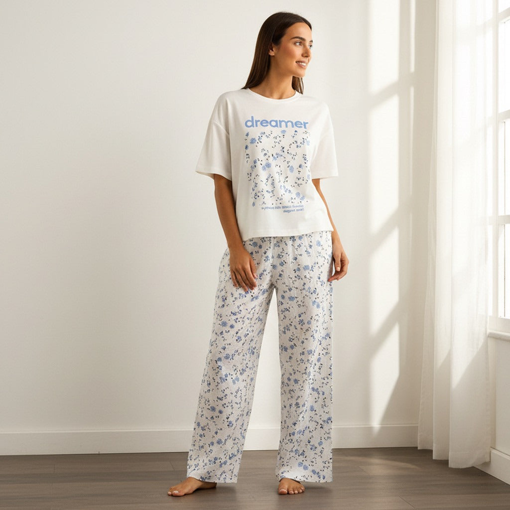 Floral Print Cotton Pyjama Set - White / XXL
